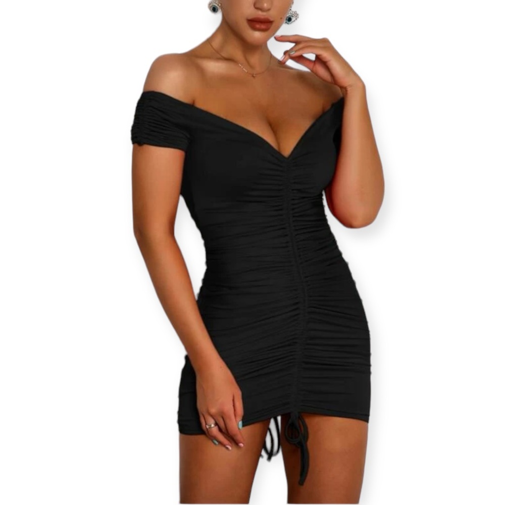 Off Shoulder Drawstring Ruched Satin Bodycon Dress - image 3